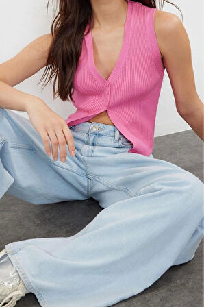 Moda V Yaka Triko Slim Düz Desen Casual Günlük Crop Kolsuz Bluz