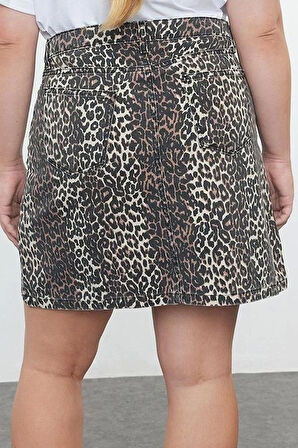 Modern Tarz Büyük Beden Astarsız Denim Mini Boy Animal Desenli Denim Etek