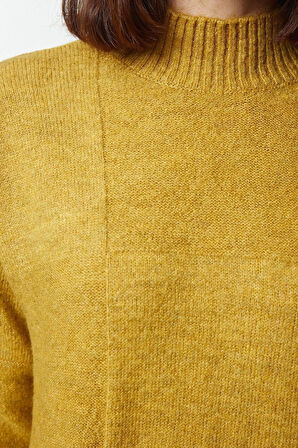 Kadın Modern Tarz Rahat Uzun Dik Yaka Geometrik Kol Midi Triko Kazak