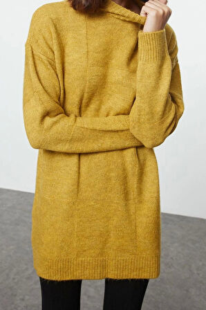 Kadın Modern Tarz Rahat Uzun Dik Yaka Geometrik Kol Midi Triko Kazak