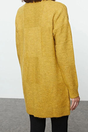 Kadın Modern Tarz Rahat Uzun Dik Yaka Geometrik Kol Midi Triko Kazak