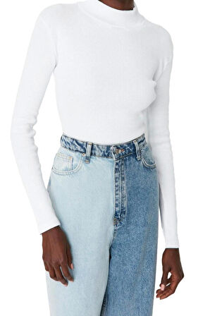 Moda Dik Yaka Örme Slim Düz Desen Casual Günlük Regular Uzun Kol Bluz