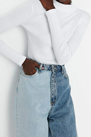 Moda Dik Yaka Örme Slim Düz Desen Casual Günlük Regular Uzun Kol Bluz