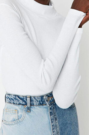 Moda Dik Yaka Örme Slim Düz Desen Casual Günlük Regular Uzun Kol Bluz