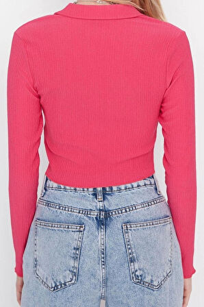 Stil Kadın Düğmeli Fitted Vücuda Oturan Polo Yaka Bürümcük Dokulu Bluz Crop Örme Slim Kalıp