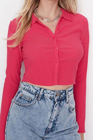 Stil Kadın Düğmeli Fitted Vücuda Oturan Polo Yaka Bürümcük Dokulu Bluz Crop Örme Slim Kalıp
