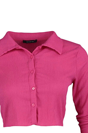 Stil Kadın Düğmeli Fitted Vücuda Oturan Polo Yaka Bürümcük Dokulu Bluz Crop Örme Slim Kalıp