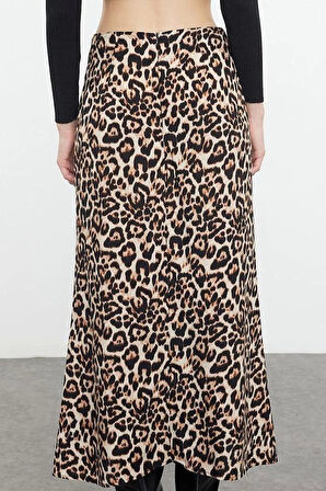 Modern Tarz Astarsız Dokuma Maxi Boy Leopar Animal Desenli Maxi Boy Dokuma Etek