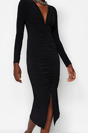 Moda Stil Slim V Yaka Midi Boy Drapeli Fitted Vücuda Oturan Esnek Örme Kalem Elbise