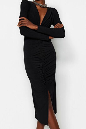 Moda Stil Slim V Yaka Midi Boy Drapeli Fitted Vücuda Oturan Esnek Örme Kalem Elbise