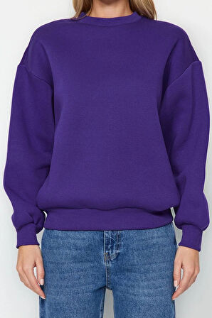 Regular Bisiklet Yaka Düşük Kol Regular Kalın İçi Polarlı Normal Kalıp Basic Örme Sweatshirt