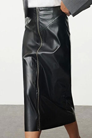 Modern Tarz Astarsız Dokuma Midi Boy Fermuar Detaylı Midi Suni Deri Etek