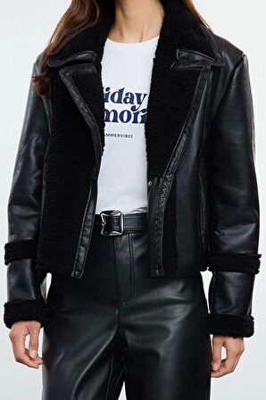 Tasarım Düz Astarlı Yaka Standart Regular Gömlek Kadın Peluş Detaylı Suni Deri Biker Ceket Mont