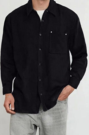 Şık Düz Desen Gömlek Yaka Oversize Fit Kaşe Kışlık Dokulu Gömlek
