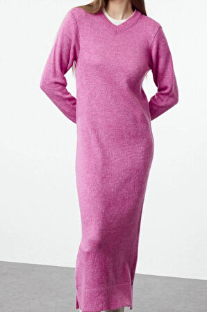 Moda Stil Oversize V Yaka Maxi Boy Tesettür Yumuşak Dokulu Triko Elbise