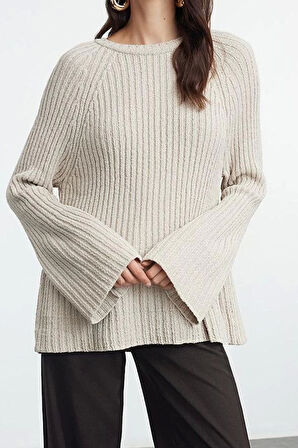 Stil Modern Kadın Regular Standart Kol Bisiklet Yaka Geniş Kalıp Peplum Detaylı Triko Kazak