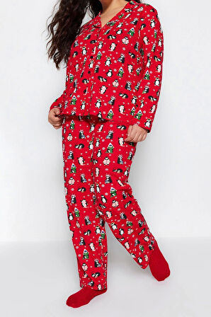 Tarz Rahat Büyük Beden Uzun Kollu Boru Paça Yılbaşı Temalı Örme Pijama Takımı