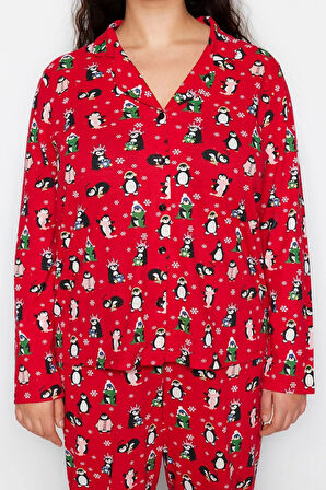 Tarz Rahat Büyük Beden Uzun Kollu Boru Paça Yılbaşı Temalı Örme Pijama Takımı