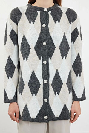 Kadın Modern Tarz Rahat Uzun Bisiklet Yaka Baklava Kol Uzun Triko Hırka