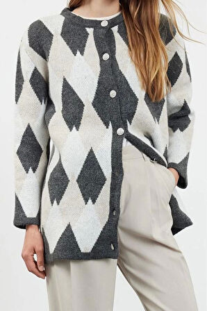 Kadın Modern Tarz Rahat Uzun Bisiklet Yaka Baklava Kol Uzun Triko Hırka