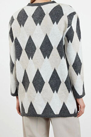 Kadın Modern Tarz Rahat Uzun Bisiklet Yaka Baklava Kol Uzun Triko Hırka