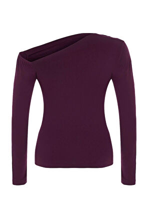 Moda Büyük Beden Asimetrik Yaka Örme Fit Düz Desen Casual Günlük Regular Uzun Kol Bluz