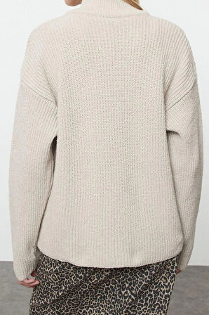 Kadın Modern Tarz Oversize Dik Yaka Regular Triko Hırka