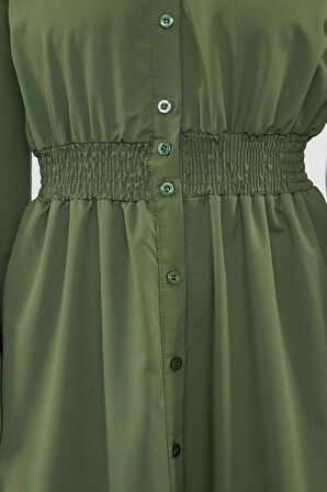 Moda Stil Regular Hakim Yaka Uzun Tesettür Beli Lastikli Dokuma Elbise