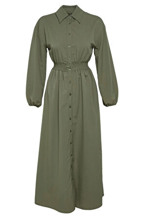 Moda Stil Regular Hakim Yaka Uzun Tesettür Beli Lastikli Dokuma Elbise