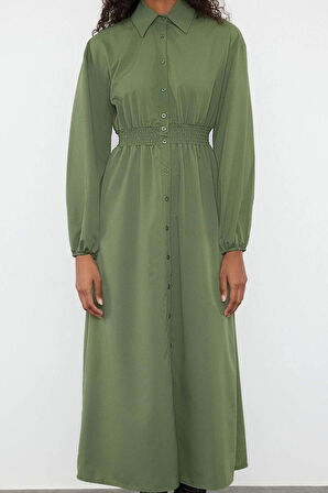 Moda Stil Regular Hakim Yaka Uzun Tesettür Beli Lastikli Dokuma Elbise