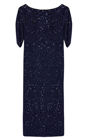 Moda Stil Fitted Kayık Yaka Midi Boy Vücuda Oturan Parıltılı Örme Payet Şık Abiye Elbise