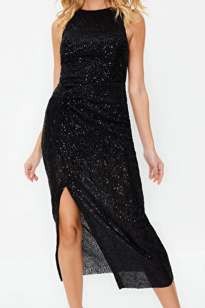 Moda Stil Fitted Halter Yaka Midi Boy Vücuda Oturan Örme Parıltılı Pul Payet Şık Abiye Elbise