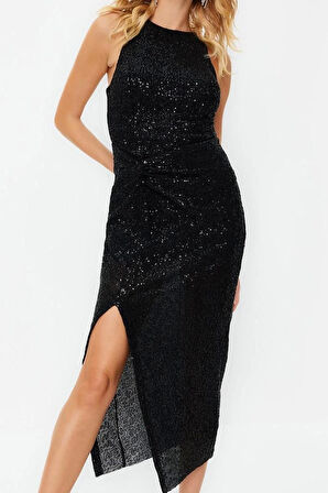 Moda Stil Fitted Halter Yaka Midi Boy Vücuda Oturan Örme Parıltılı Pul Payet Şık Abiye Elbise