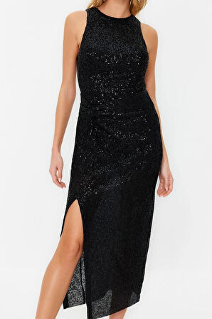 Moda Stil Fitted Halter Yaka Midi Boy Vücuda Oturan Örme Parıltılı Pul Payet Şık Abiye Elbise