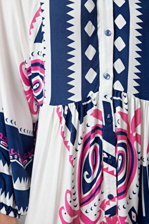 Moda Stil Relaxed Hakim Yaka Uzun Tesettür Viskon Dokuma Desenli Elbise