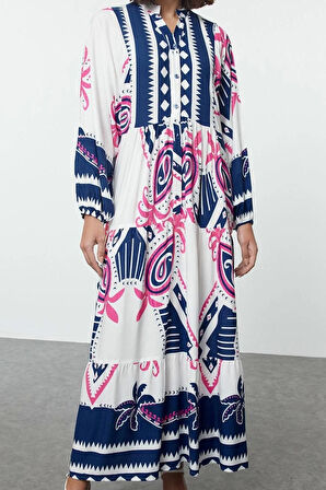 Moda Stil Relaxed Hakim Yaka Uzun Tesettür Viskon Dokuma Desenli Elbise