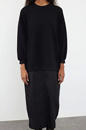 Moda Stil Regular Bisiklet Yaka Maxi Boy Tesettür Dokuma Gömlek Detaylı Örme Elbise