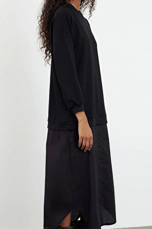 Moda Stil Regular Bisiklet Yaka Maxi Boy Tesettür Dokuma Gömlek Detaylı Örme Elbise