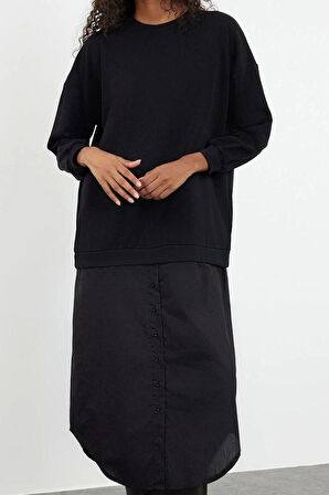 Moda Stil Regular Bisiklet Yaka Maxi Boy Tesettür Dokuma Gömlek Detaylı Örme Elbise