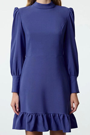 Moda Stil Regular Dik Yaka Mini Boy A Kesim Eteği Büzgülü Dokuma Elbise