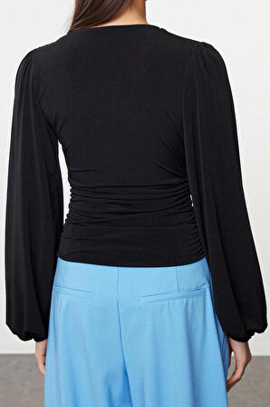Stil Kadın Animal Baskı Yeşili Büzgü Drape Detaylı Kollu Esnek Bluz Regular Slim Kalıp Balon Kol