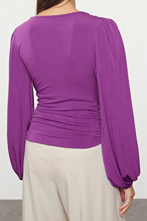 Stil Kadın Animal Baskı Yeşili Büzgü Drape Detaylı Kollu Esnek Bluz Regular Slim Kalıp Balon Kol