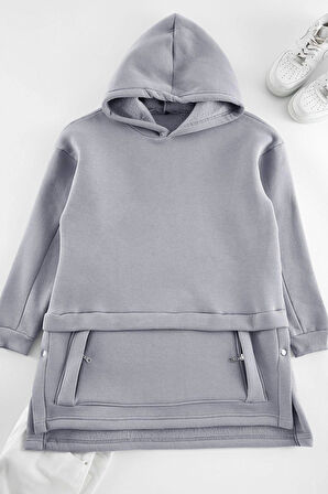 Tesettür Tarz Regular Kapüşonlu Düşük Kol Uzun Cep Detaylı Örme Sweatshirt