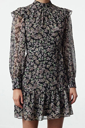 Moda Stil Regular Dik Yaka Mini Boy Geometrik Dokuma Kışlık Elbise