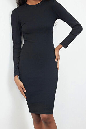 Moda Stil Slim Dik Yaka Midi Boy Fitted Vücuda Oturan Uzun Kollu Fitilli Esnek Örme Elbise