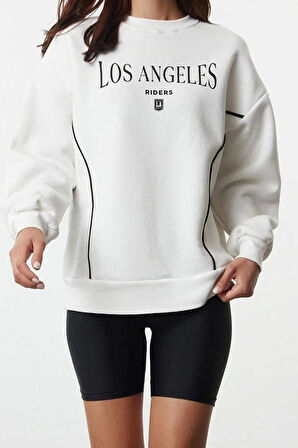 Bol Bisiklet Yaka Düşük Kol Uzun Slogan Baskılı Geniş Kalıp Kalın İçi Polarlı Örme Sweatshirt