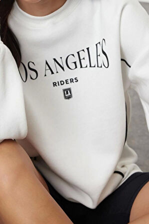 Bol Bisiklet Yaka Düşük Kol Uzun Slogan Baskılı Geniş Kalıp Kalın İçi Polarlı Örme Sweatshirt