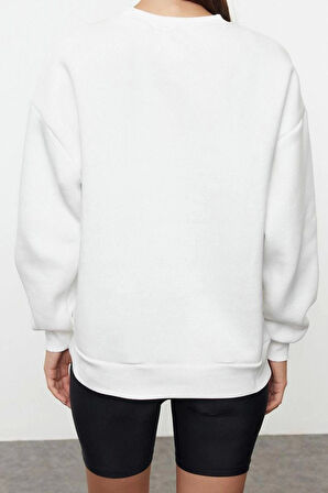 Bol Bisiklet Yaka Düşük Kol Uzun Slogan Baskılı Geniş Kalıp Kalın İçi Polarlı Örme Sweatshirt