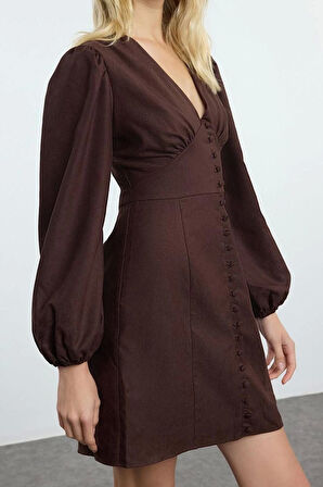 Moda Stil Regular V Yaka Mini Boy Düz Balon Kollu Süet Dokuma Elbise