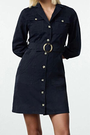 Moda Stil Regular Ceket Yaka Mini Boy Bağlama Detaylı Dokuma Elbise